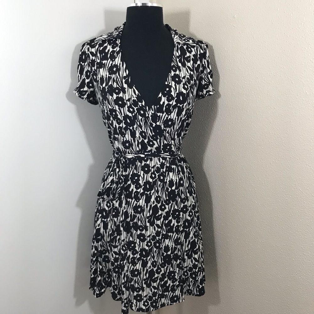 BCBGMAXAZRIA Black and white floral wrap dress.